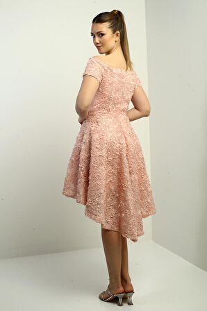 Kadın Madonna Yaka Önü Kısa Arkası Uzun Astarlı 3 Boyut Çiçekli Elbise