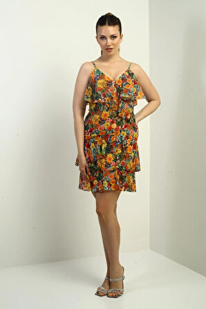 Kadın İnce Askılı Göğüs Volanlı Eteği Katlı Astarlı Çiçek Desenli Kısa Şifon Elbise