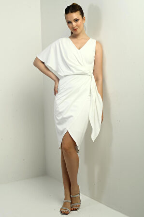 Kadın Tek Omuzu Kimona Yanı Boğumlu Astarlı Kısa Saten Elbise