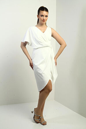 Kadın Tek Omuzu Kimona Yanı Boğumlu Astarlı Kısa Saten Elbise