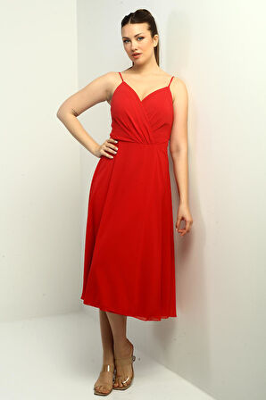 Kadın İp Askılı Kruvaze Yaka Astarlı Arkası Bağcıklı Kloş Şifon Elbise