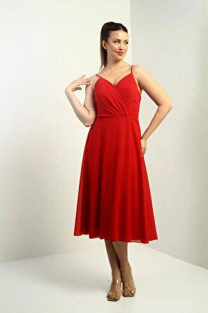 Kadın İp Askılı Kruvaze Yaka Astarlı Arkası Bağcıklı Kloş Şifon Elbise