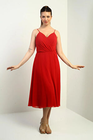 Kadın İp Askılı Kruvaze Yaka Astarlı Arkası Bağcıklı Kloş Şifon Elbise