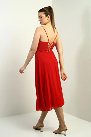 Kadın İp Askılı Kruvaze Yaka Astarlı Arkası Bağcıklı Kloş Şifon Elbise