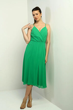 Kadın İp Askılı Kruvaze Yaka Astarlı Arkası Bağcıklı Kloş Şifon Elbise