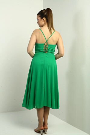 Kadın İp Askılı Kruvaze Yaka Astarlı Arkası Bağcıklı Kloş Şifon Elbise