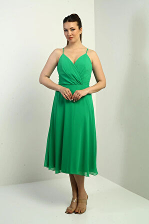 Kadın İp Askılı Kruvaze Yaka Astarlı Arkası Bağcıklı Kloş Şifon Elbise