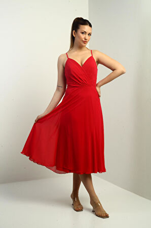 Kadın İp Askılı Kruvaze Yaka Astarlı Arkası Bağcıklı Kloş Şifon Elbise