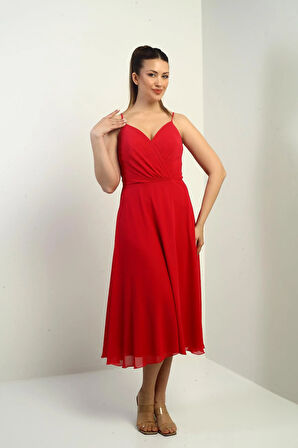 Kadın İp Askılı Kruvaze Yaka Astarlı Arkası Bağcıklı Kloş Şifon Elbise