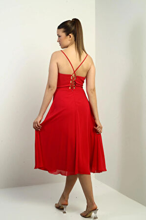 Kadın İp Askılı Kruvaze Yaka Astarlı Arkası Bağcıklı Kloş Şifon Elbise