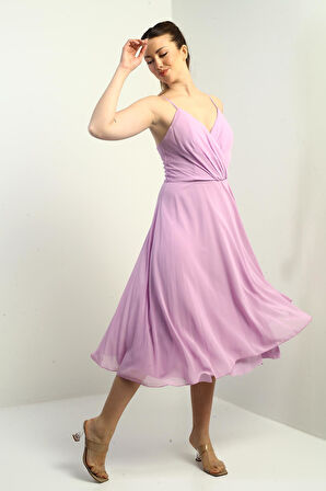 Kadın İp Askılı Kruvaze Yaka Astarlı Arkası Bağcıklı Kloş Şifon Elbise