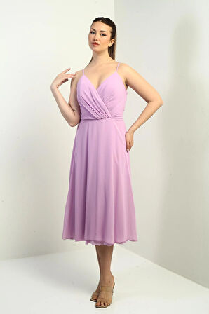 Kadın İp Askılı Kruvaze Yaka Astarlı Arkası Bağcıklı Kloş Şifon Elbise