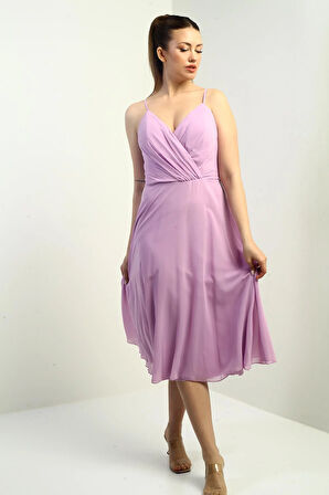 Kadın İp Askılı Kruvaze Yaka Astarlı Arkası Bağcıklı Kloş Şifon Elbise