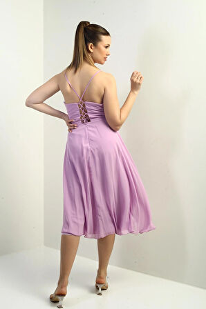 Kadın İp Askılı Kruvaze Yaka Astarlı Arkası Bağcıklı Kloş Şifon Elbise