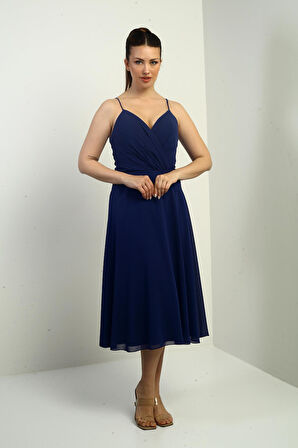 Kadın İp Askılı Kruvaze Yaka Astarlı Arkası Bağcıklı Kloş Şifon Elbise