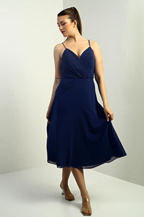 Kadın İp Askılı Kruvaze Yaka Astarlı Arkası Bağcıklı Kloş Şifon Elbise