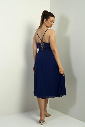 Kadın İp Askılı Kruvaze Yaka Astarlı Arkası Bağcıklı Kloş Şifon Elbise