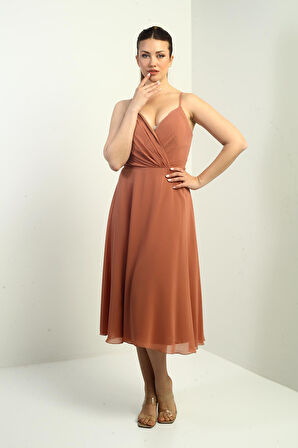 Kadın İp Askılı Kruvaze Yaka Astarlı Arkası Bağcıklı Kloş Şifon Elbise