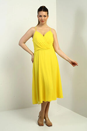 Kadın İp Askılı Kruvaze Yaka Astarlı Arkası Bağcıklı Kloş Şifon Elbise