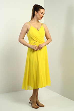 Kadın İp Askılı Kruvaze Yaka Astarlı Arkası Bağcıklı Kloş Şifon Elbise