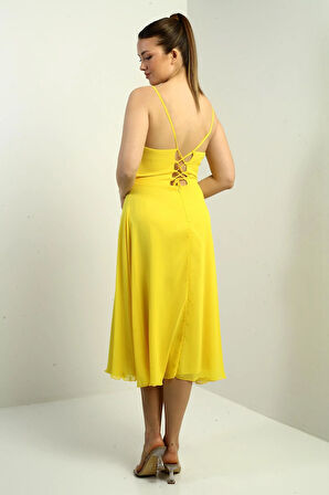 Kadın İp Askılı Kruvaze Yaka Astarlı Arkası Bağcıklı Kloş Şifon Elbise