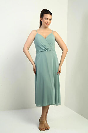 Kadın İp Askılı Kruvaze Yaka Astarlı Arkası Bağcıklı Kloş Şifon Elbise