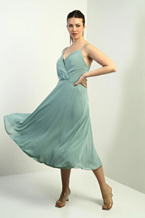 Kadın İp Askılı Kruvaze Yaka Astarlı Arkası Bağcıklı Kloş Şifon Elbise