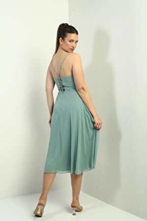 Kadın İp Askılı Kruvaze Yaka Astarlı Arkası Bağcıklı Kloş Şifon Elbise