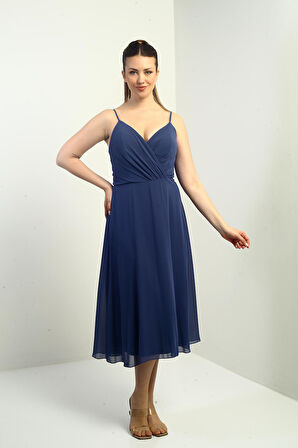 Kadın İp Askılı Kruvaze Yaka Astarlı Arkası Bağcıklı Kloş Şifon Elbise