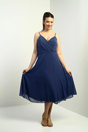 Kadın İp Askılı Kruvaze Yaka Astarlı Arkası Bağcıklı Kloş Şifon Elbise