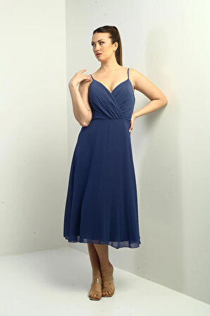 Kadın İp Askılı Kruvaze Yaka Astarlı Arkası Bağcıklı Kloş Şifon Elbise