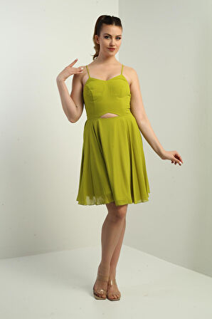 Kadın İp Askılı Arkası Bağlamalı Önü Pencereli Astarlı Şifon Kısa Kloş Elbise