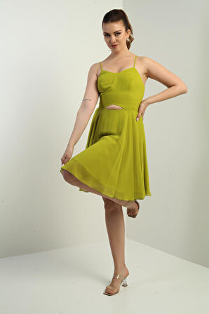 Kadın İp Askılı Arkası Bağlamalı Önü Pencereli Astarlı Şifon Kısa Kloş Elbise