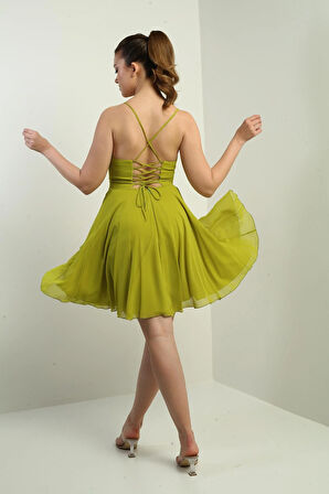 Kadın İp Askılı Arkası Bağlamalı Önü Pencereli Astarlı Şifon Kısa Kloş Elbise