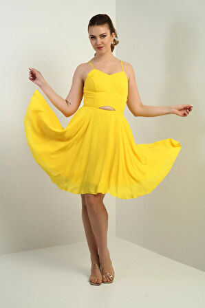 Kadın İp Askılı Arkası Bağlamalı Önü Pencereli Astarlı Şifon Kısa Kloş Elbise