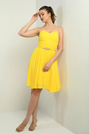 Kadın İp Askılı Arkası Bağlamalı Önü Pencereli Astarlı Şifon Kısa Kloş Elbise