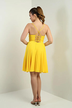 Kadın İp Askılı Arkası Bağlamalı Önü Pencereli Astarlı Şifon Kısa Kloş Elbise