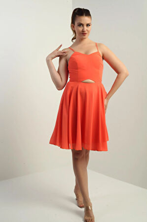 Kadın İp Askılı Arkası Bağlamalı Önü Pencereli Astarlı Şifon Kısa Kloş Elbise