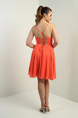 Kadın İp Askılı Arkası Bağlamalı Önü Pencereli Astarlı Şifon Kısa Kloş Elbise