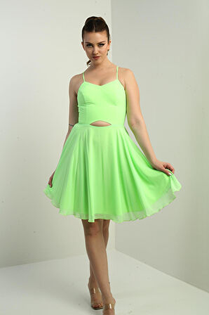 Kadın İp Askılı Arkası Bağlamalı Önü Pencereli Astarlı Şifon Kısa Kloş Elbise