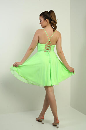 Kadın İp Askılı Arkası Bağlamalı Önü Pencereli Astarlı Şifon Kısa Kloş Elbise