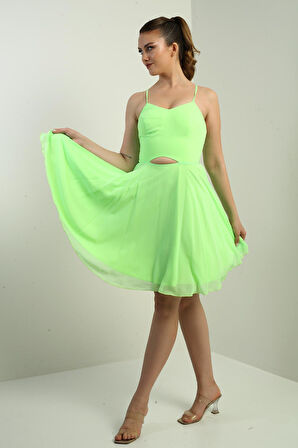 Kadın İp Askılı Arkası Bağlamalı Önü Pencereli Astarlı Şifon Kısa Kloş Elbise