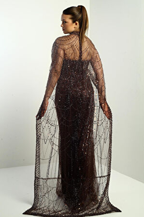 Kadın Straplez Taş-Pul İşlemeli Pelerinli Astarlı Uzun Abiye Elbise