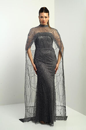 Kadın Straplez Taş-Pul İşlemeli Pelerinli Astarlı Uzun Abiye Elbise