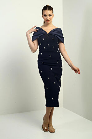 Kadın Tafta Madonna Yaka Önü İnci Detaylı Astarlı Abiye Elbise