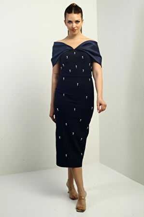 Kadın Tafta Madonna Yaka Önü İnci Detaylı Astarlı Abiye Elbise