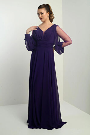 Ön Arka V Yaka Önü Drapeli Kolları Tül Astarlı Geniş Beden Aralıklı Uzun Şifon Elbise