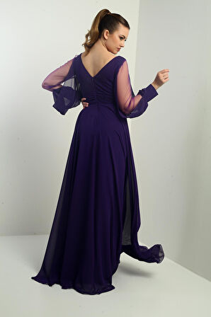 Ön Arka V Yaka Önü Drapeli Kolları Tül Astarlı Geniş Beden Aralıklı Uzun Şifon Elbise