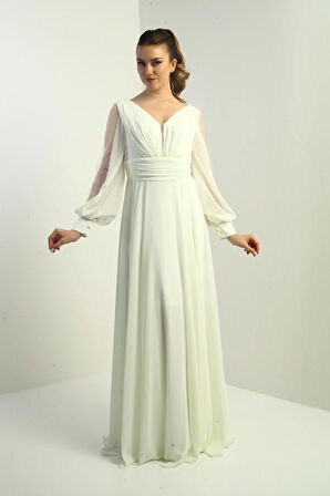 Ön Arka V Yaka Önü Drapeli Kolları Tül Astarlı Geniş Beden Aralıklı Uzun Şifon Elbise