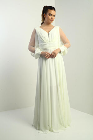 Ön Arka V Yaka Önü Drapeli Kolları Tül Astarlı Geniş Beden Aralıklı Uzun Şifon Elbise